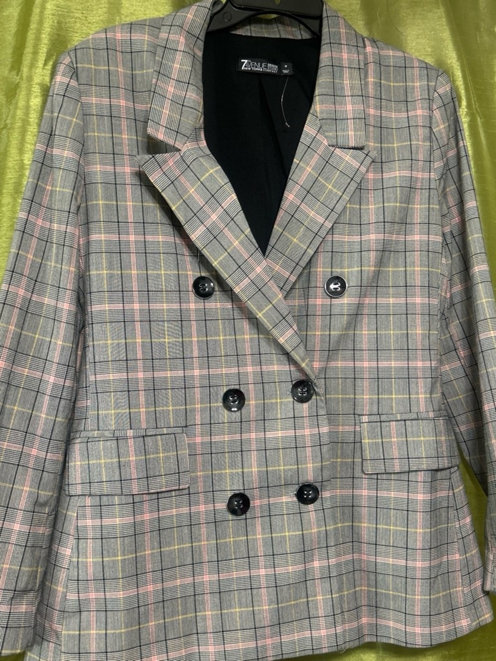 Zanzea Double-Breasted Plaid Blazer in Gray with Pink & Yellow Windowpane